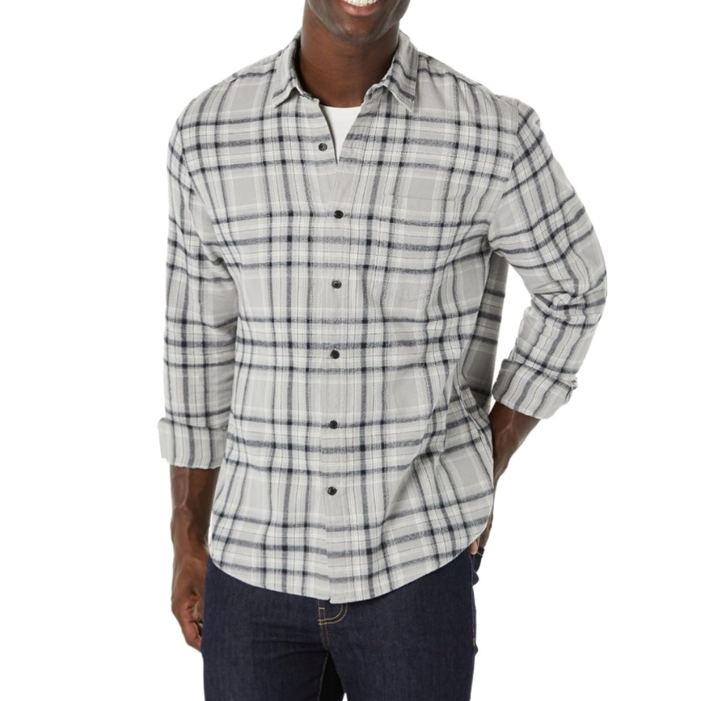 NWT Amazon Essentials Men’s Plaid Flannel Shirt Light Grey/Black | Size L - Picture 2 of 5